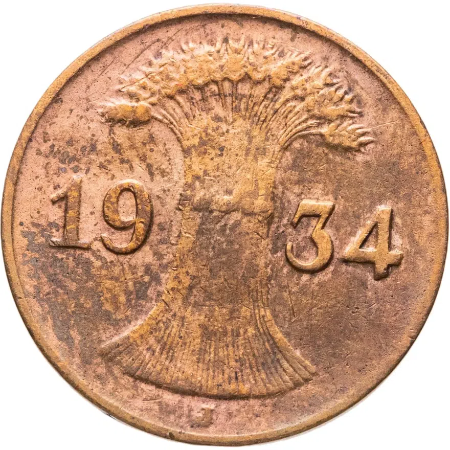 Германия 1 рейхспфенниг (reichspfennig) 1934 J  знак монетного двора "J" — Гамбург, реверс