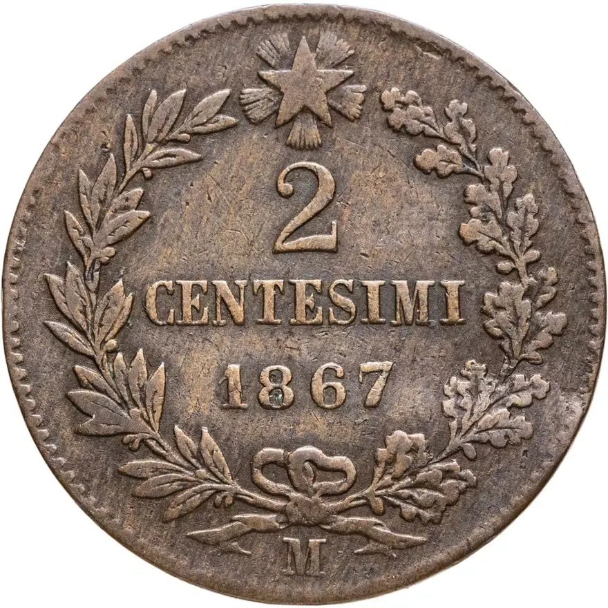 Италия 2 чентезимо (centesimi) 1867 M  знак монетного двора: "M" - Милан, реверс