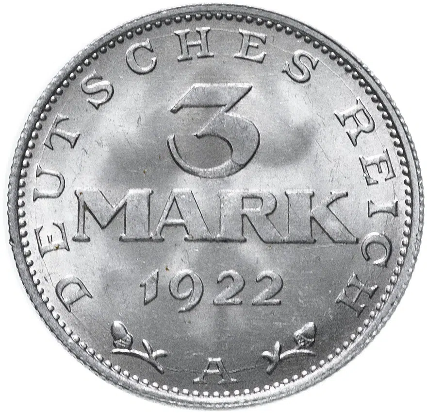 Германия (Веймарская республика) 3 марки (mark) 1922 A "3-я годовщина Веймарской конституции", аверс