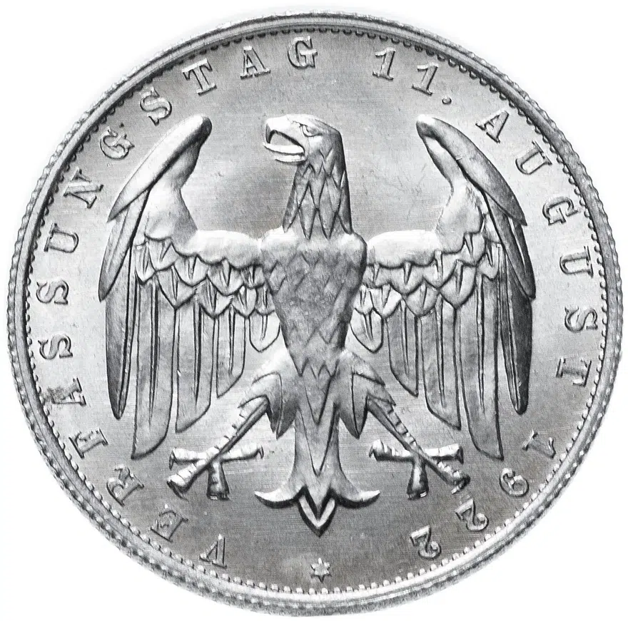 Германия (Веймарская республика) 3 марки (mark) 1922 A "3-я годовщина Веймарской конституции", реверс