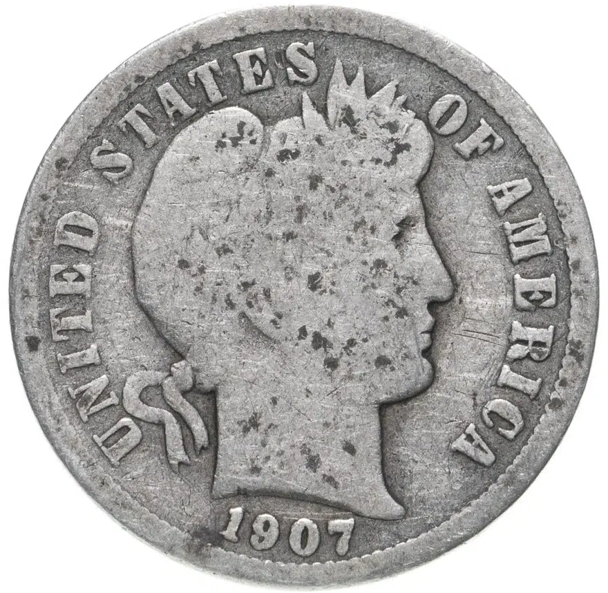 США 10 центов (дайм, one dime) 1907  Barber Dime Без отметки монетного двора