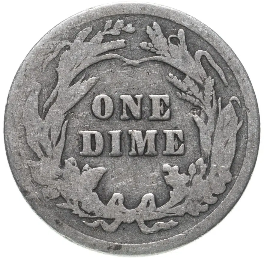 США 10 центов (дайм, one dime) 1907  Barber Dime Без отметки монетного двора, реверс