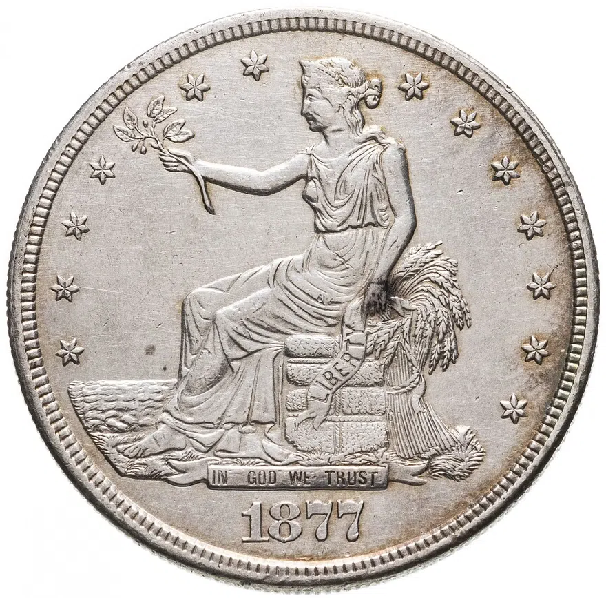 США 1 доллар (dollar) 1877 S Торговый доллар знак монетного двора: "S" - Сан-Франциско