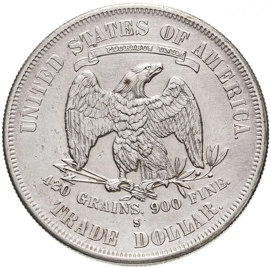 США 1 доллар (dollar) 1877 S Торговый доллар знак монетного двора: "S" - Сан-Франциско, реверс