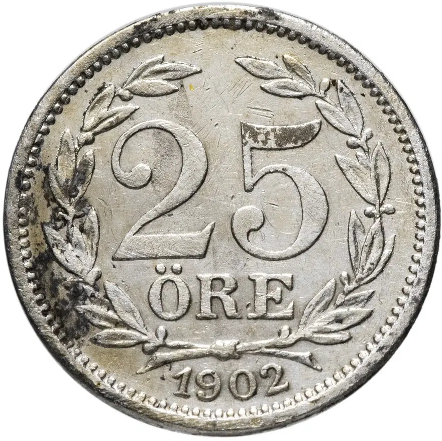 Швеция 25 эре (ore) 1902   большой размер надписей, реверс