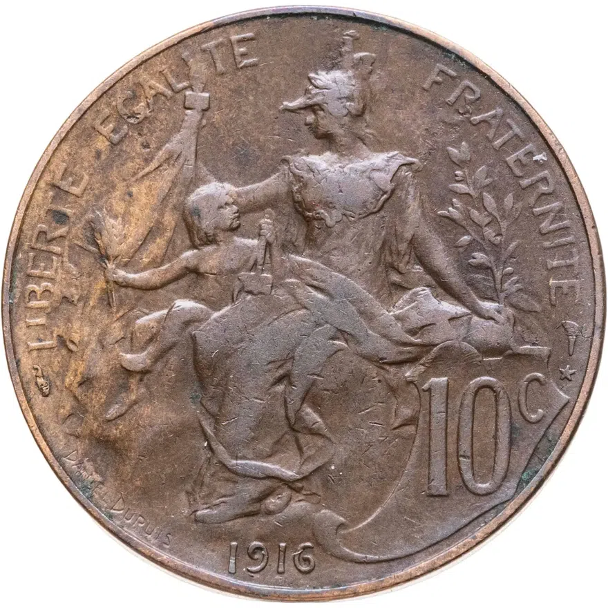 Франция 10 сантимов (centimes) 1916 ★  знак монетного двора: "★" - Мадрид, аверс