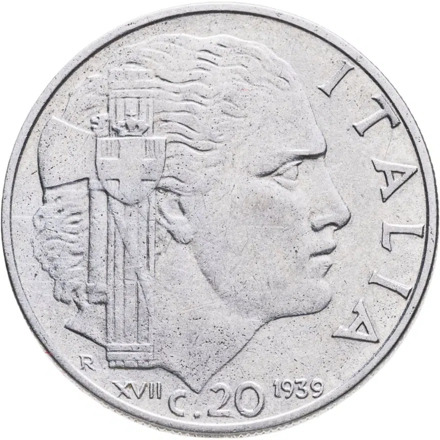 Италия 20 чентезимо (centesimi) 1939  Не магнетик, ребристый гурт 1939 - XVII, аверс