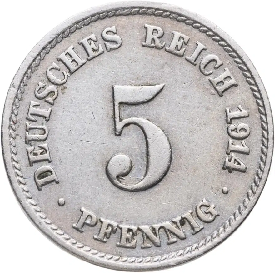 Германия 5 пфеннигов (pfennig) 1914 F  знак монетного двора: "F" - Штутгарт, аверс