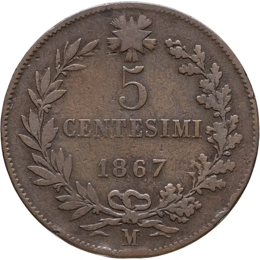 Италия 5 чентезимо (centesimi) 1867 M  знак монетного двора: "M" - Милан