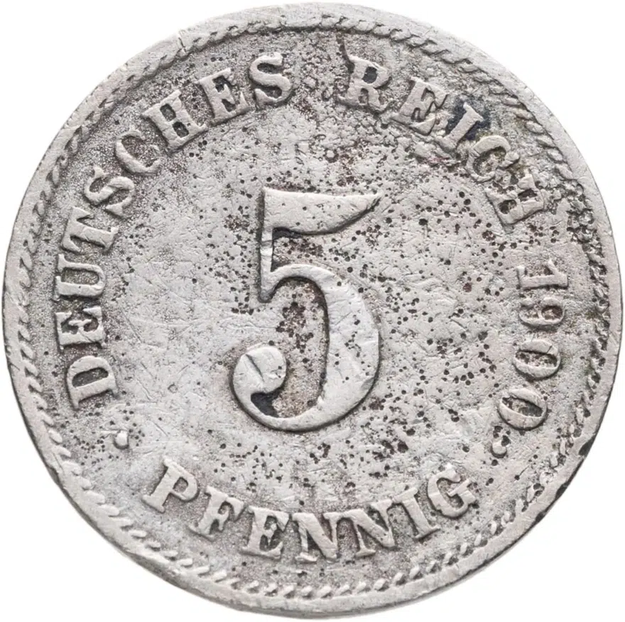 Германия 5 пфеннигов (pfennig) 1900 E  знак монетного двора: "E" - Мульденхюттен, аверс