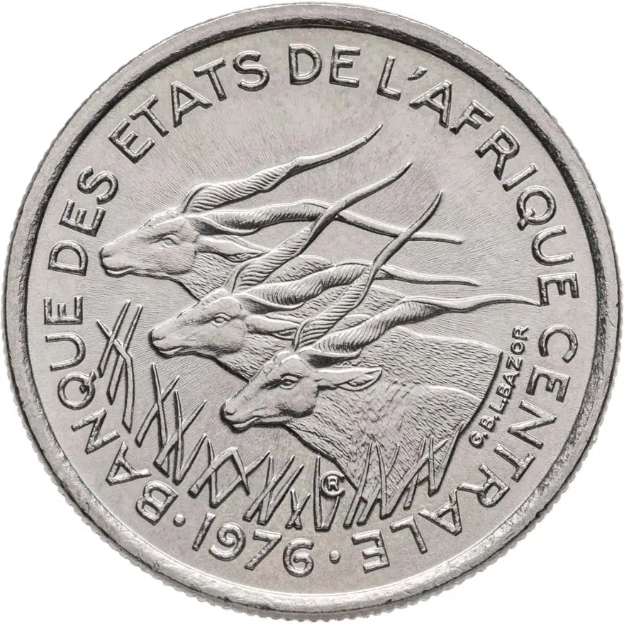 Чад 50 франков ВЕАС (francs) 1976, отметка на реверсе "A"