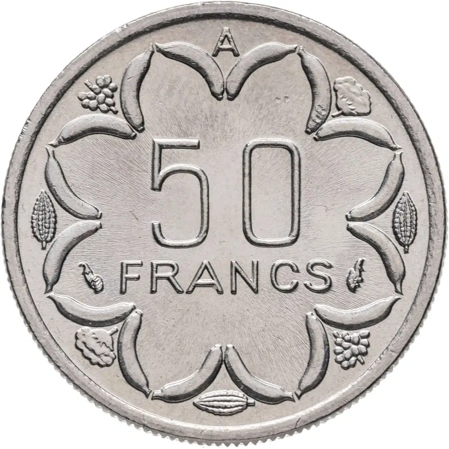 Чад 50 франков ВЕАС (francs) 1976, отметка на реверсе "A", реверс