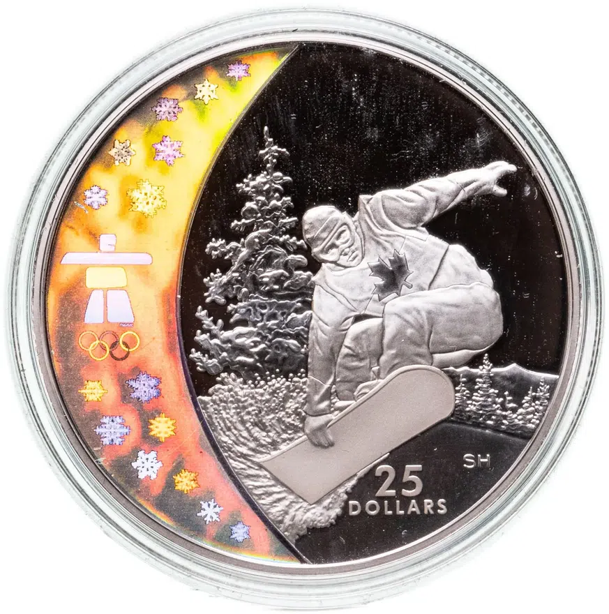 Канада 25 долларов (dollars) 2008  XXI зимние Олимпийские Игры, Ванкувер 2010 - Сноуборд, в футляре с сертификатом