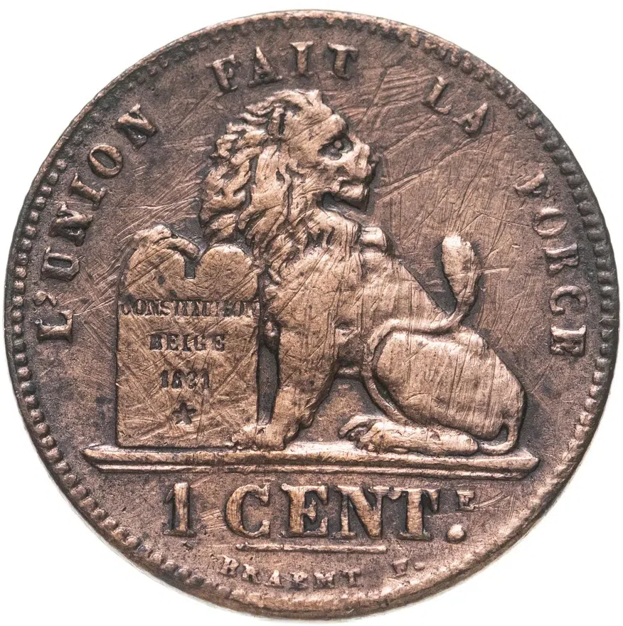 Бельгия 1 сантим (centime) 1882 Надпись на французском - 'DES BELGES', аверс