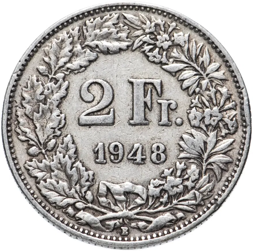 Швейцария 2 франка (francs) 1948, реверс
