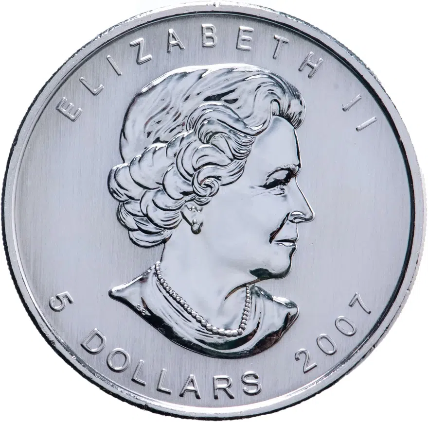 Канада 5 долларов (dollars) 2007  Кленовый лист /желтый/, реверс