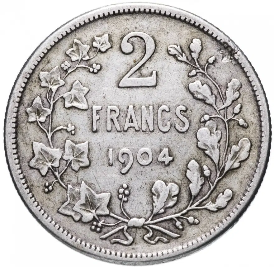 Бельгия 2 франка (francs) 1904 Надпись на французском - 'DES BELGES', реверс