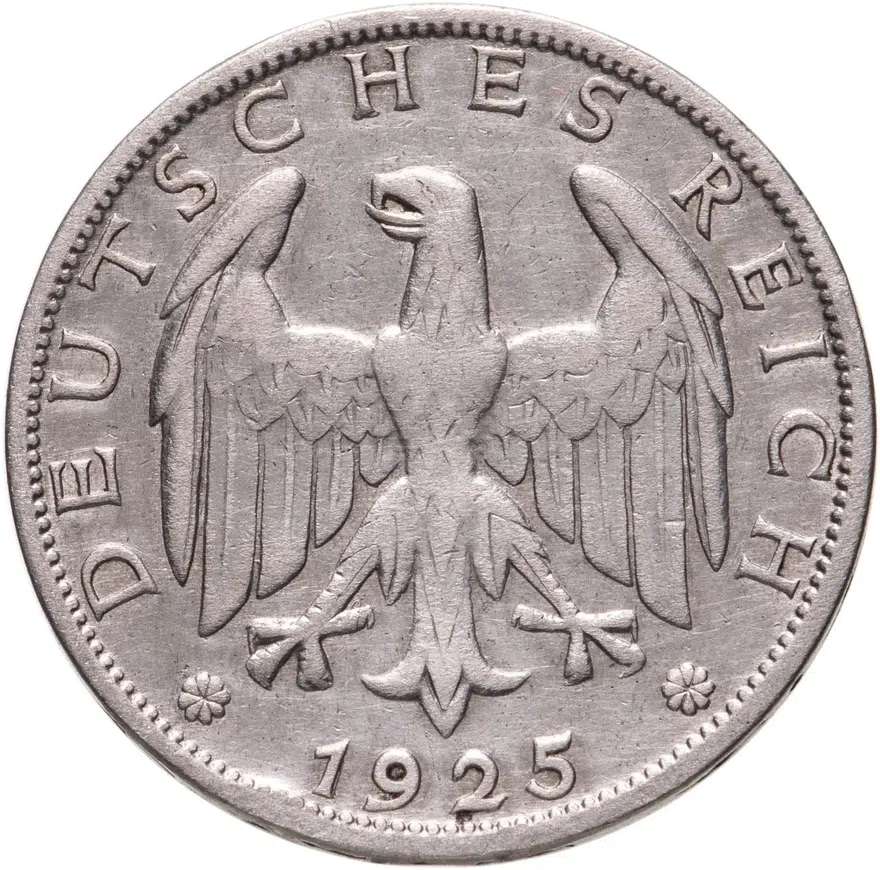 Германия 1 рейхсмарка (reichsmark) 1925 A  знак монетного двора "A" — Берлин, реверс