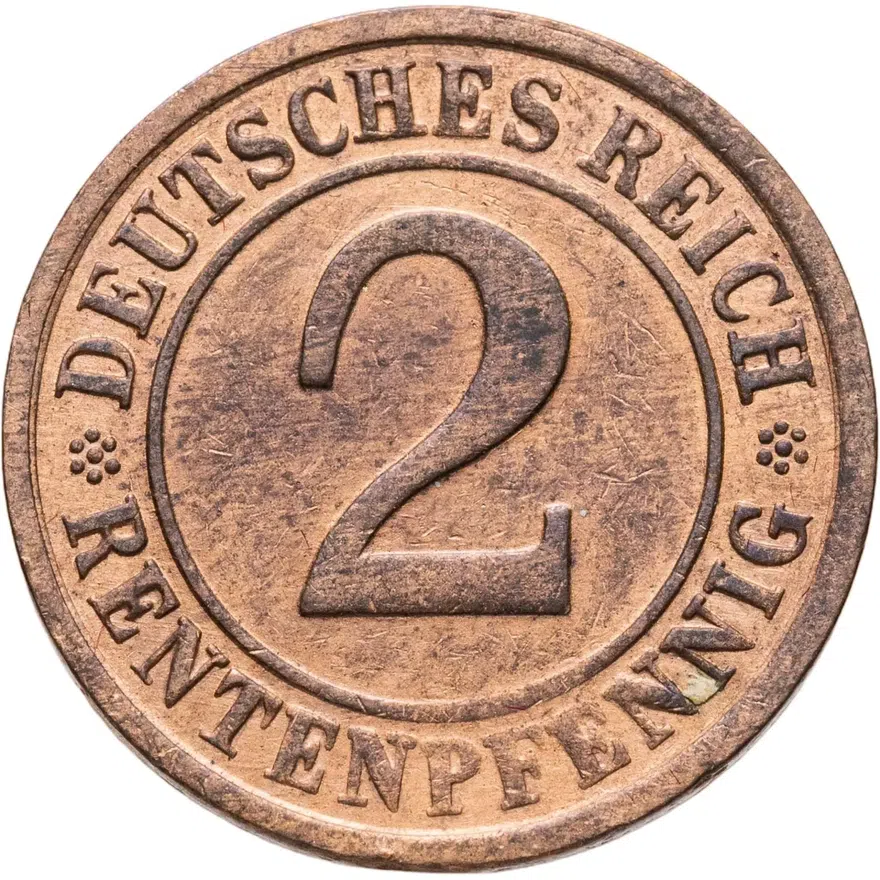 Германия 2 пфеннига (рентенпфеннига, rentenpfennig) 1923 G  знак монетного двора "G" — Карлсруэ, аверс
