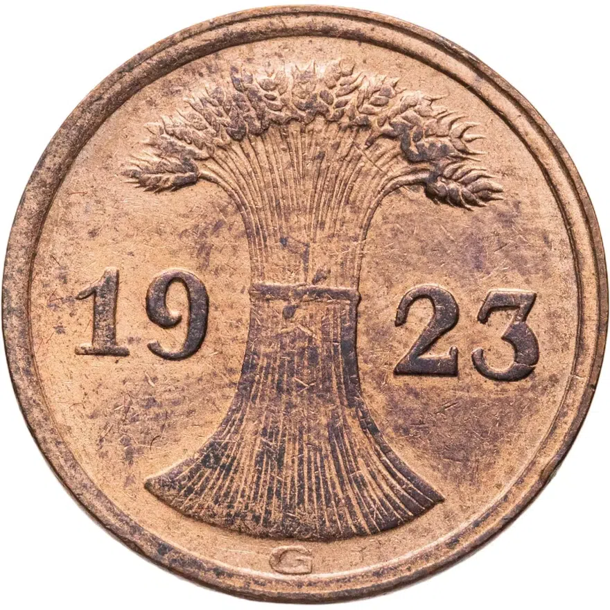 Германия 2 пфеннига (рентенпфеннига, rentenpfennig) 1923 G  знак монетного двора "G" — Карлсруэ, реверс