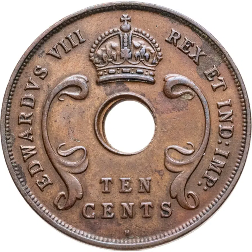 Британская Восточная Африка 10 центов (cents) 1936 Эдуард VIII знак монетного двора: "H" - Хитон, Бирмингем, аверс