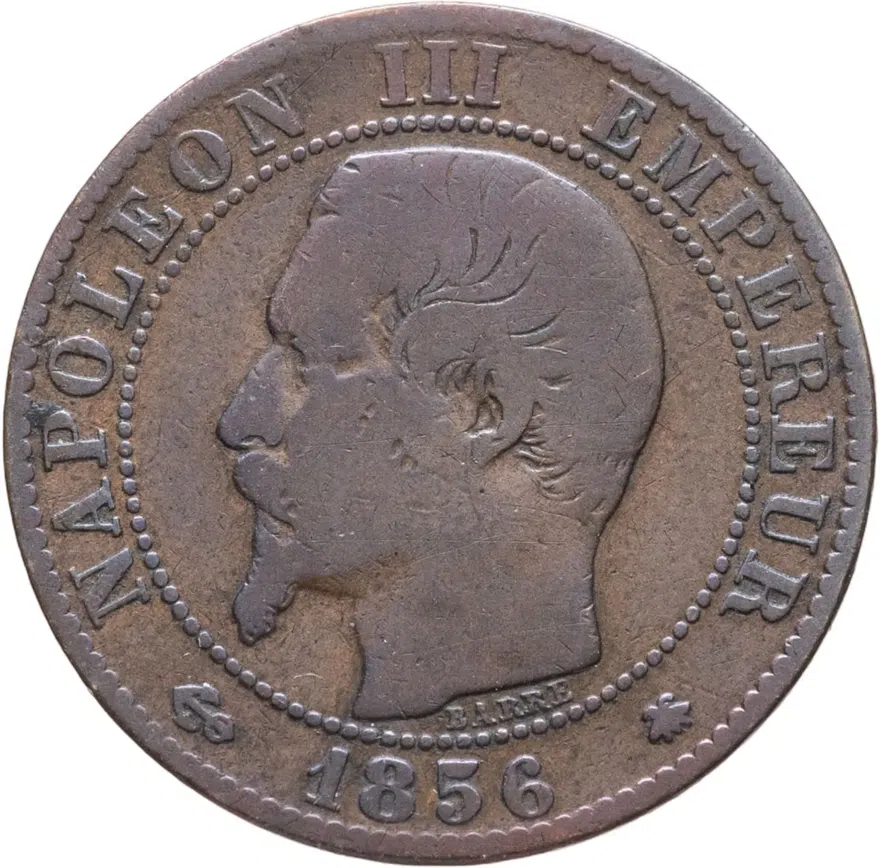 Франция 5 сантимов (centimes) 1856 BB  знак монетного двора: "BB" - Страсбург, аверс