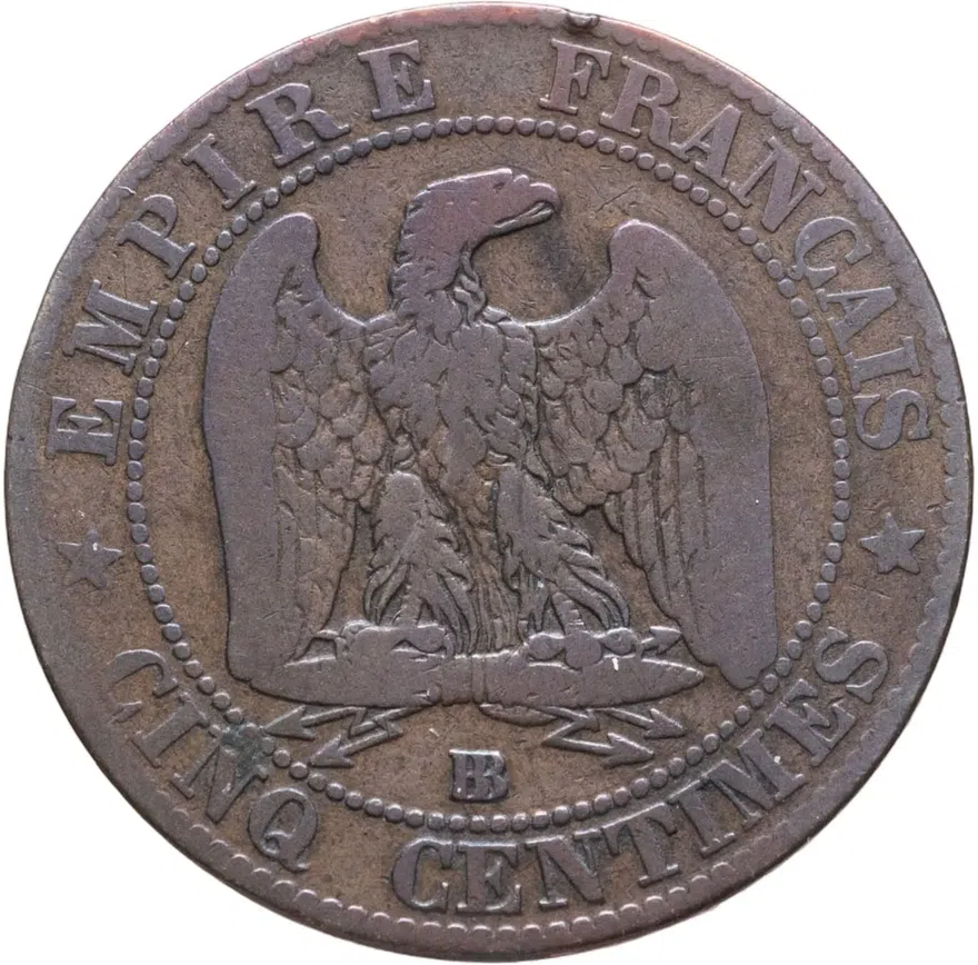 Франция 5 сантимов (centimes) 1856 BB  знак монетного двора: "BB" - Страсбург, реверс
