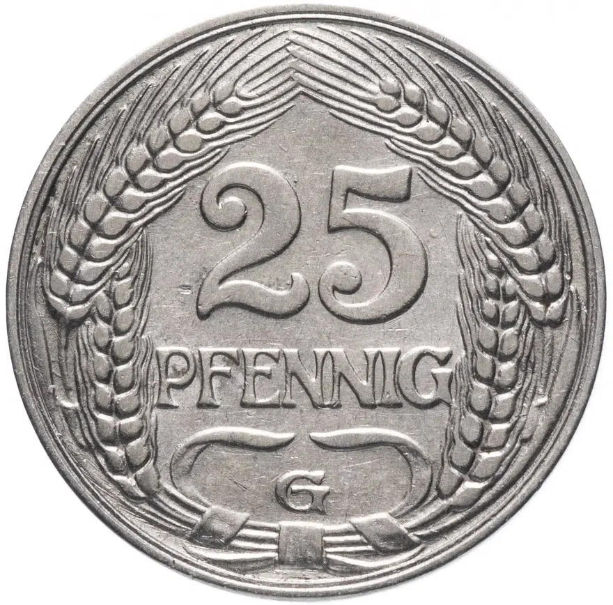 Германия 25 пфеннигов (pfennig) 1909 G