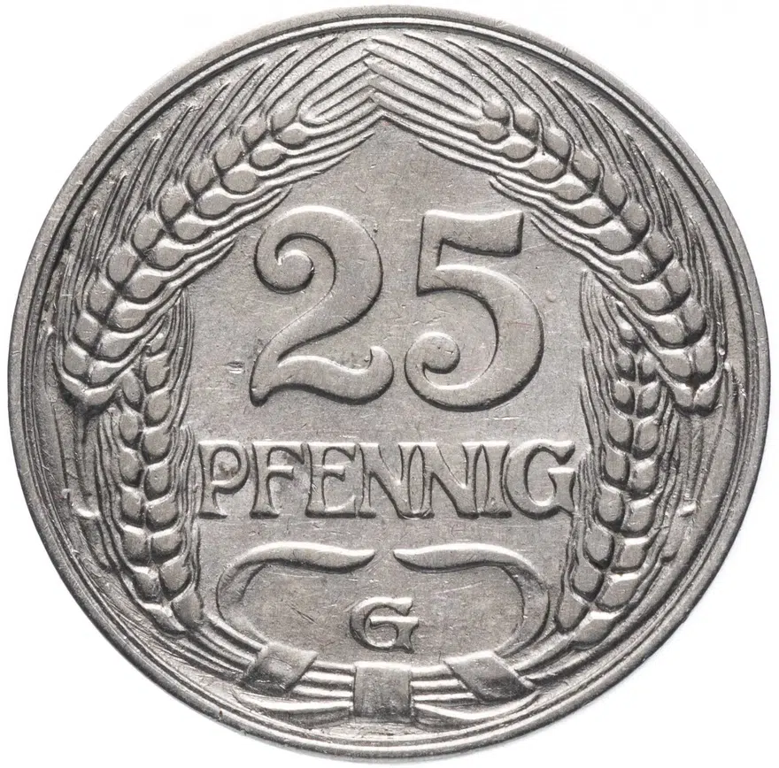 Германия 25 пфеннигов (pfennig) 1909 G, реверс