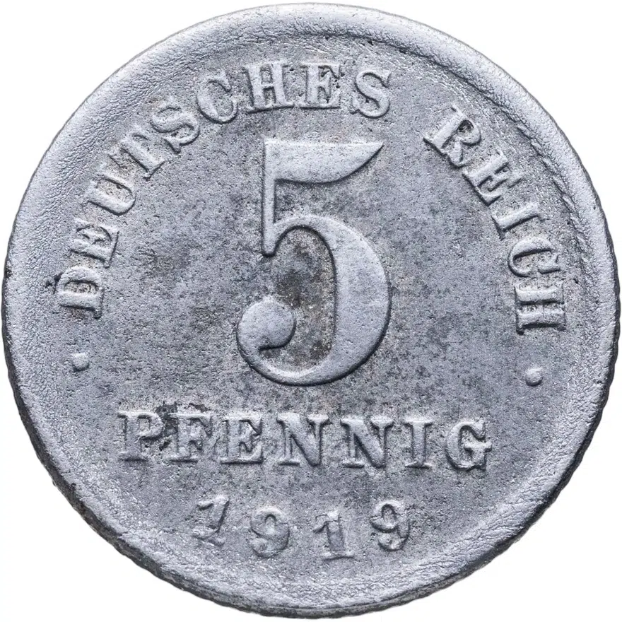Германия 5 пфеннигов (pfennig) 1919 D  знак монетного двора: "D" - Мюнхен