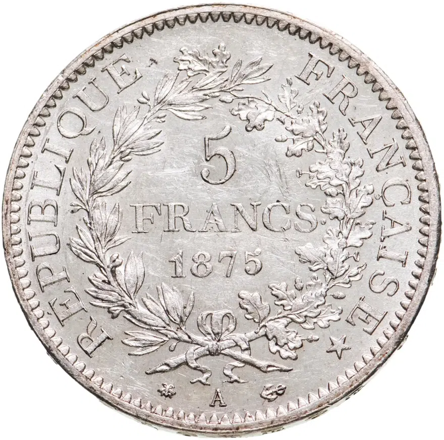 Франция 5 франков (francs) 1875 A Геркулес знак монетного двора: "A" - Париж, реверс