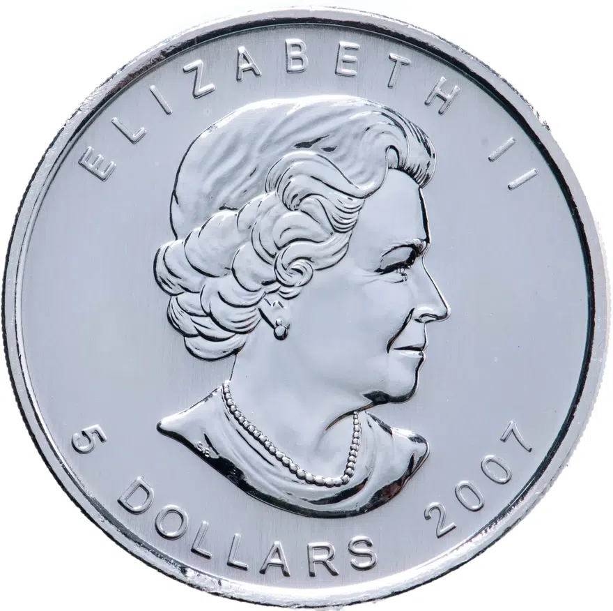 Канада 5 долларов (dollars) 2007  Кленовый лист /красный/, реверс