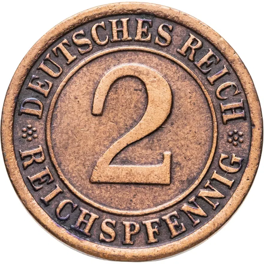 Германия 2 рейхспфеннига (reichspfennig) 1925 F  знак монетного двора "F" — Штутгарт, аверс