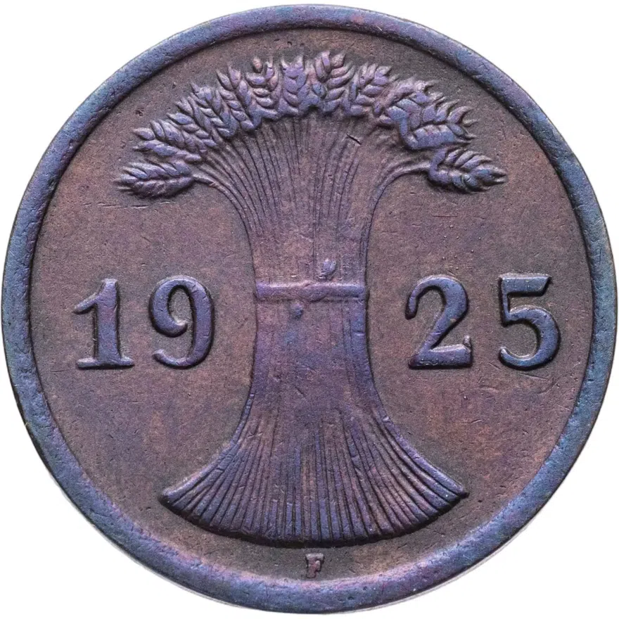 Германия 2 рейхспфеннига (reichspfennig) 1925 F  знак монетного двора "F" — Штутгарт, реверс