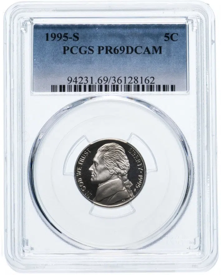 США 5 центов (cents) 1995 S Proof Jefferson Nickel (Джефферсон) в слабе PCGS PR69DCAM, аверс