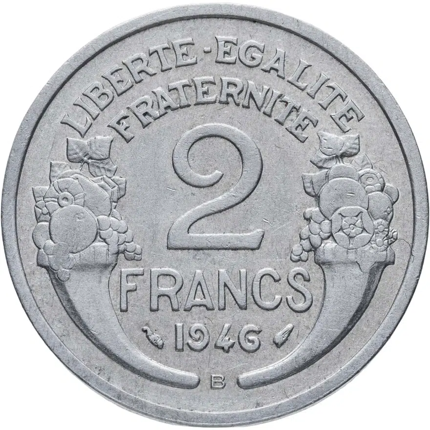 Франция 2 франка (francs) 1946 B  знак монетного двора: "B" - Бомон-ле-Роже, реверс