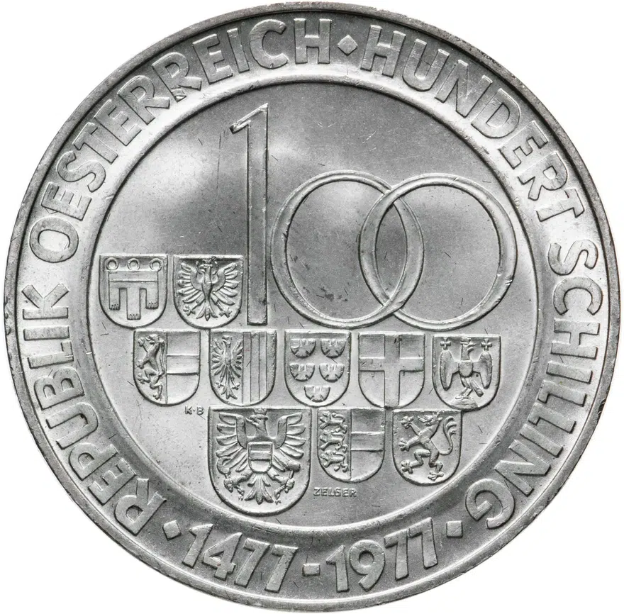Австрия 100 шиллингов (shillings) 1977 "500 лет Венскому монетному двору", реверс