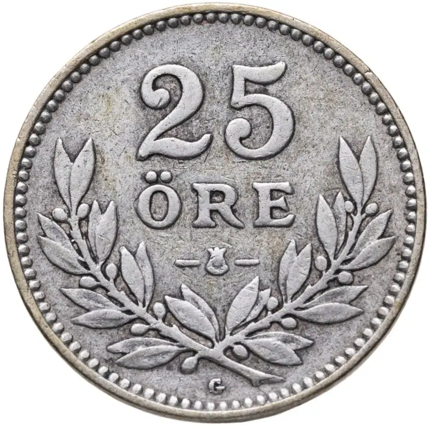 Швеция 25 эре (ore) 1934, реверс