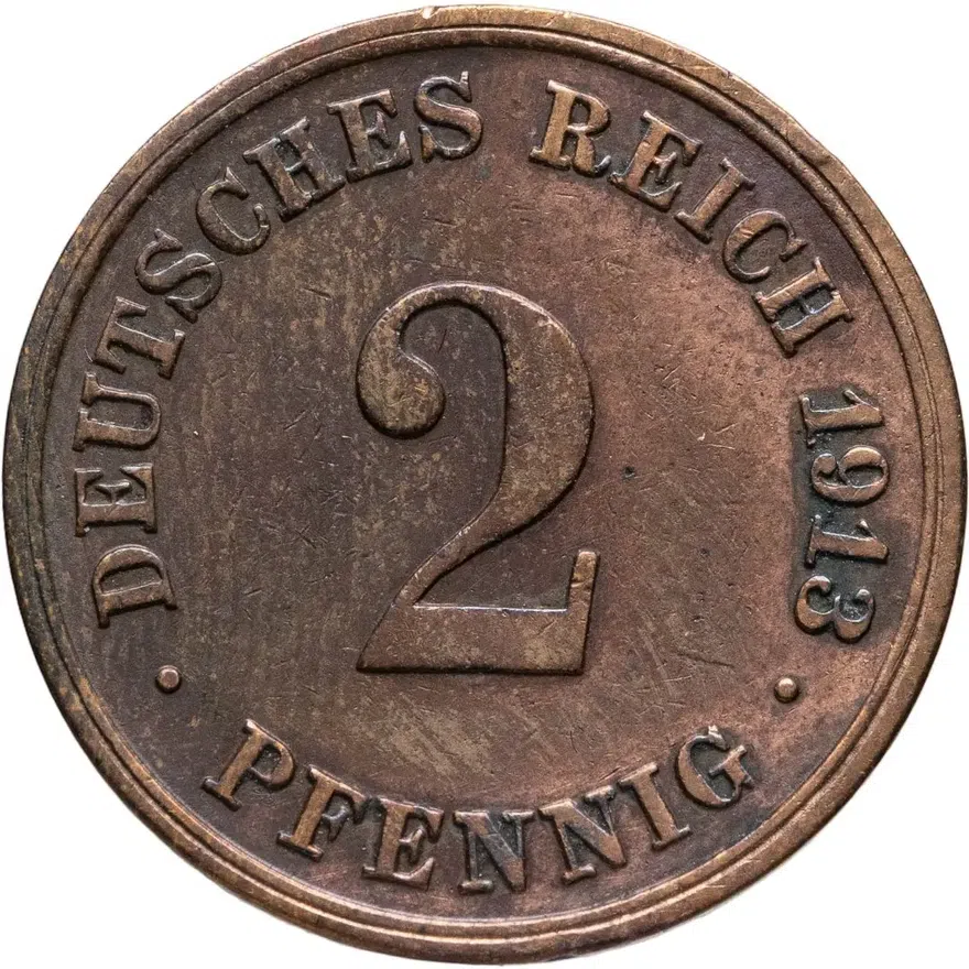 Германия 2 пфеннига (pfennig) 1913 D  знак монетного двора: "D" - Мюнхен, аверс