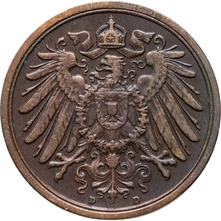 Германия 2 пфеннига (pfennig) 1913 D  знак монетного двора: "D" - Мюнхен, реверс