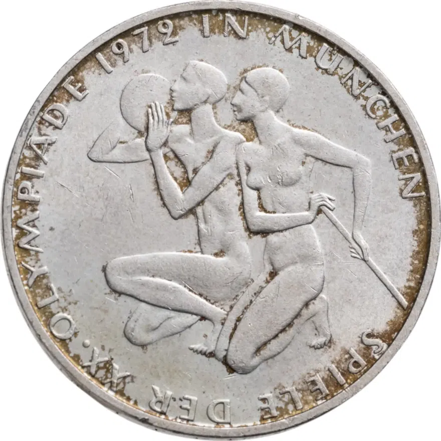 Германия 10 марок (mark) 1972 D XX летние Олимпийские Игры, Мюнхен 1972 - Спортсмены знак монетного двора: "D" - Мюнхен