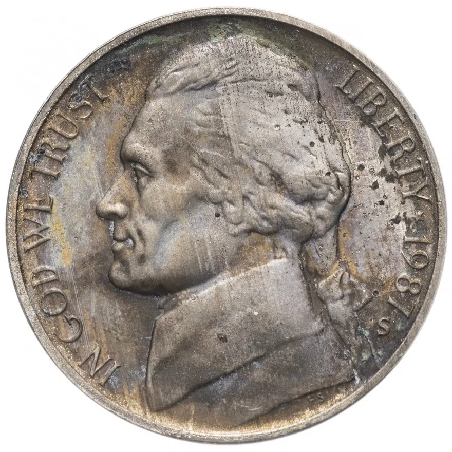 США 5 центов (cents) 1987 S Proof Jefferson Nickel (Джефферсон) знак монетного двора "S", реверс