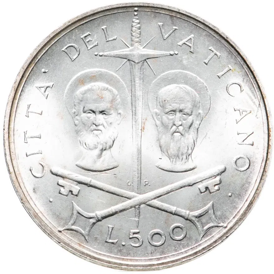 Ватикан 500 лир (lire) 1967, реверс