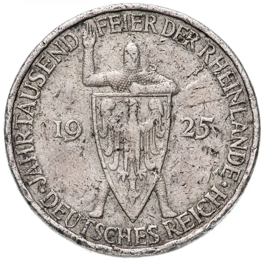 Германия 5 рейхсмарок (reichsmark) 1925 Е Тысячелетие Рейнской области (Рейнланда) знак монетного двора "Е" — Мульденхюттен