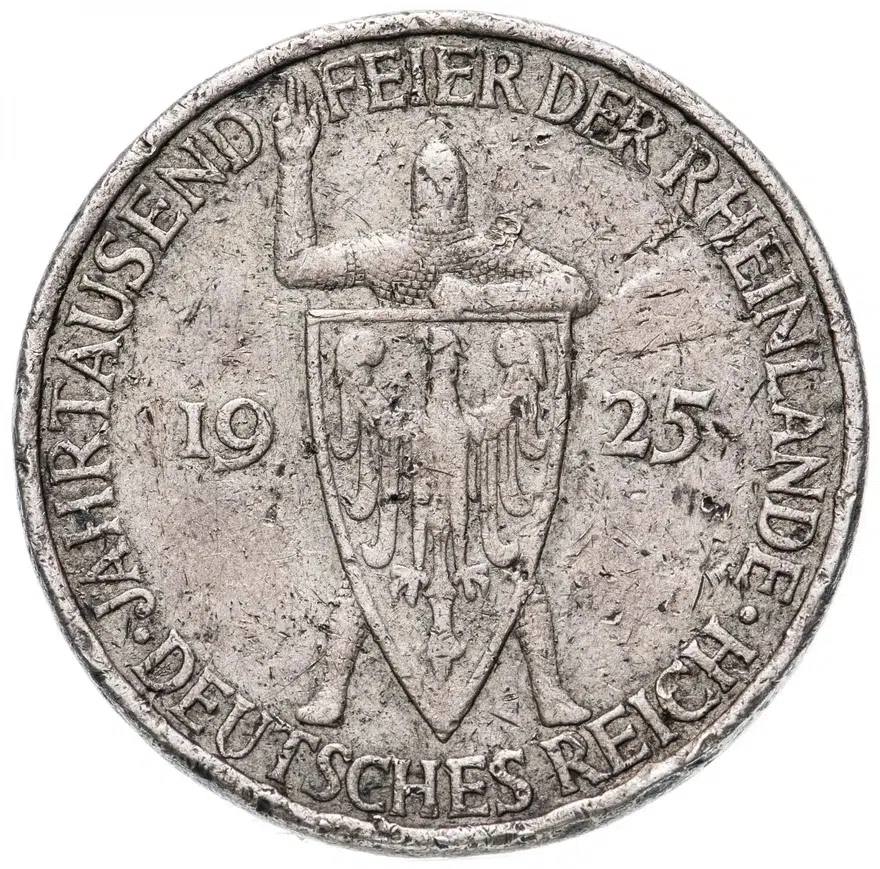 Германия 5 рейхсмарок (reichsmark) 1925 Е Тысячелетие Рейнской области (Рейнланда) знак монетного двора "Е" — Мульденхюттен, реверс