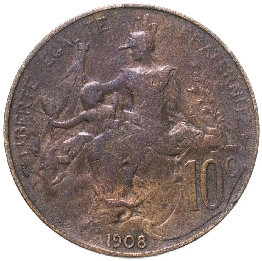 Франция 10 сантимов (centimes) 1908, реверс