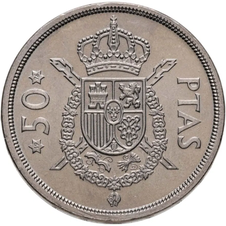 Испания 50 песет (pesetas) 1975, 76 внутри звезды, реверс