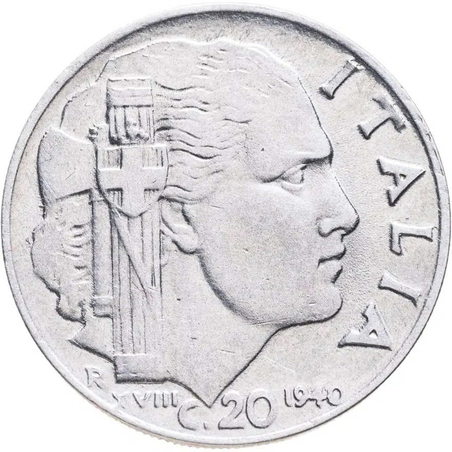 Италия 20 чентезимо (centesimi) 1940  Не магнетик, ребристый гурт, реверс