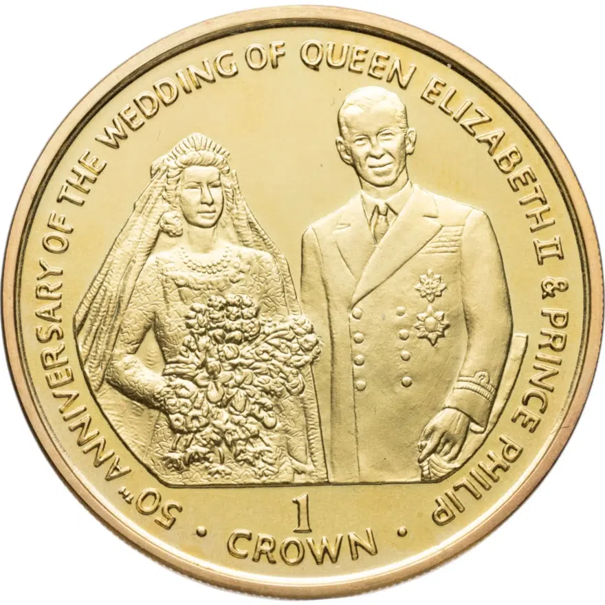 Остров Мэн 1 крона (crown) 1997 BUNC 50 лет свадьбе Королевы Елизаветы II и Принца Филиппа, аверс