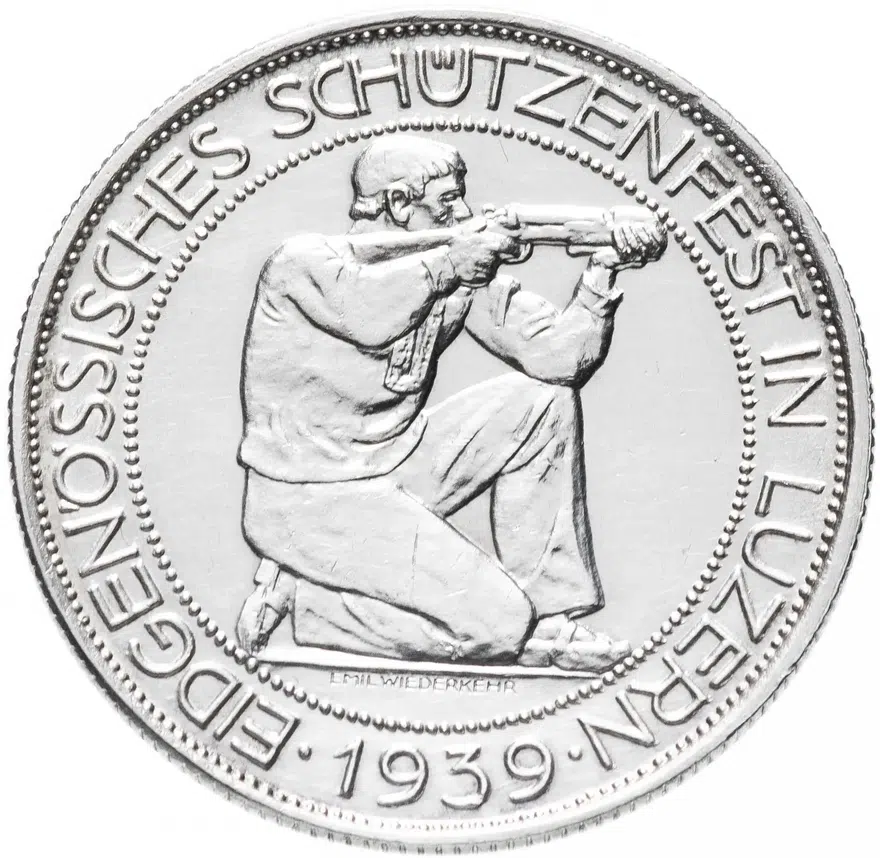 Швейцария 5 франков (francs) 1939 "Стрелковый фестиваль в Люцерне"
